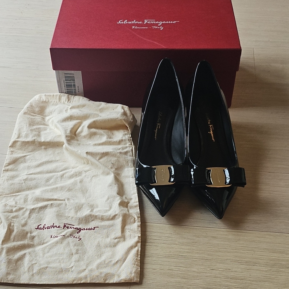 Salvatore Ferragamo Black Patent Leather Heels with Silver Accents